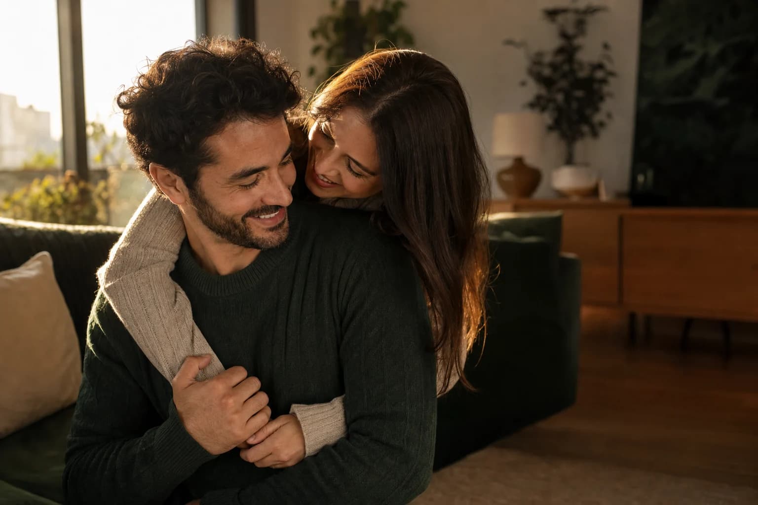Happy adult couple relaxing together at home