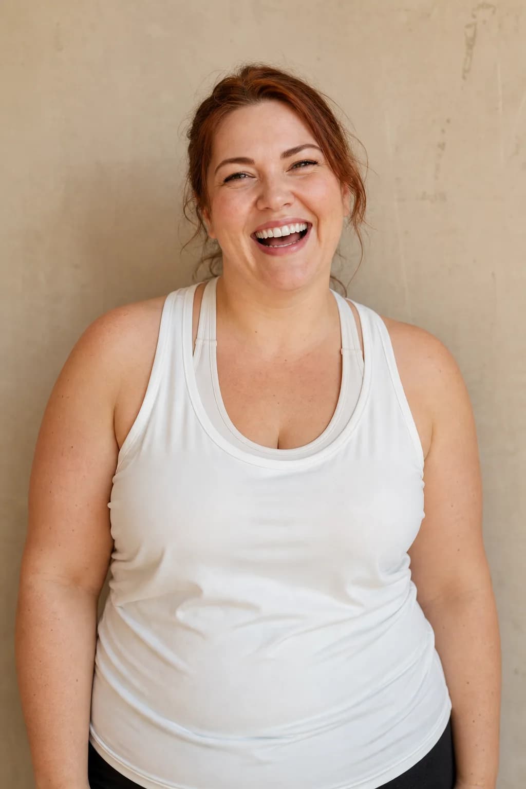 Adult woman in ivory athletic clothing