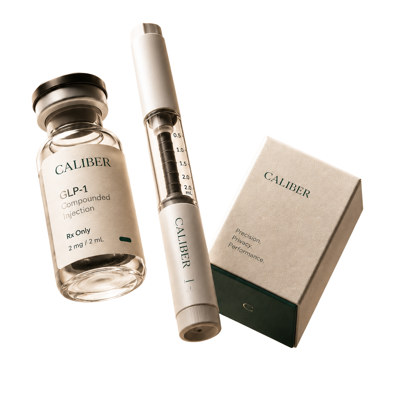 Caliber — compounded GLP-1 vial, applicator pen, and packaging
