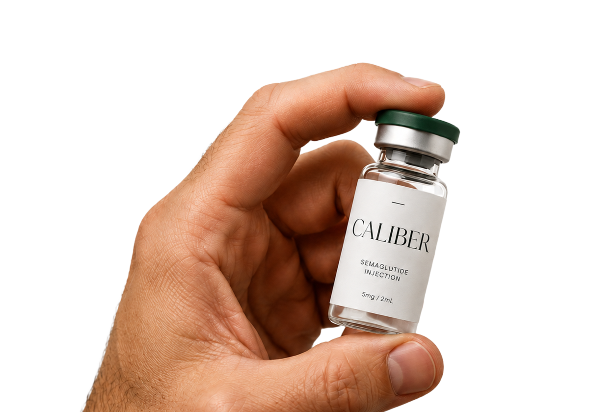 Caliber compounded semaglutide vial, held in hand