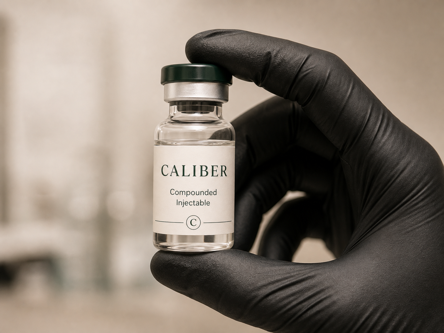 Gloved hand holding a Caliber compounded injectable vial