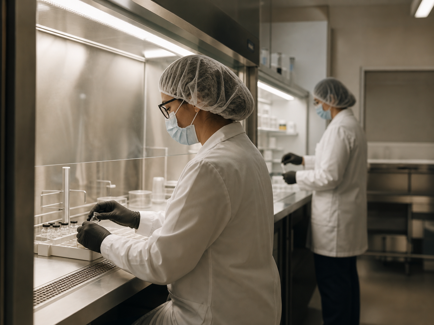 Compounding pharmacy clean-room technicians preparing medication