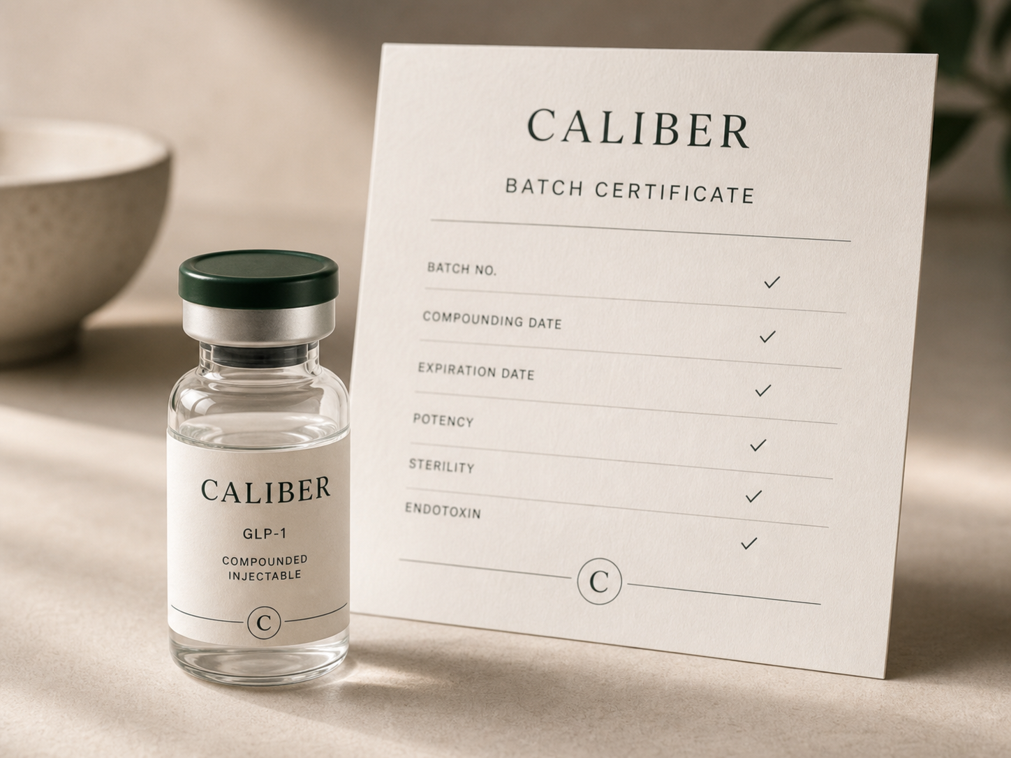 Caliber vial beside a batch certificate
